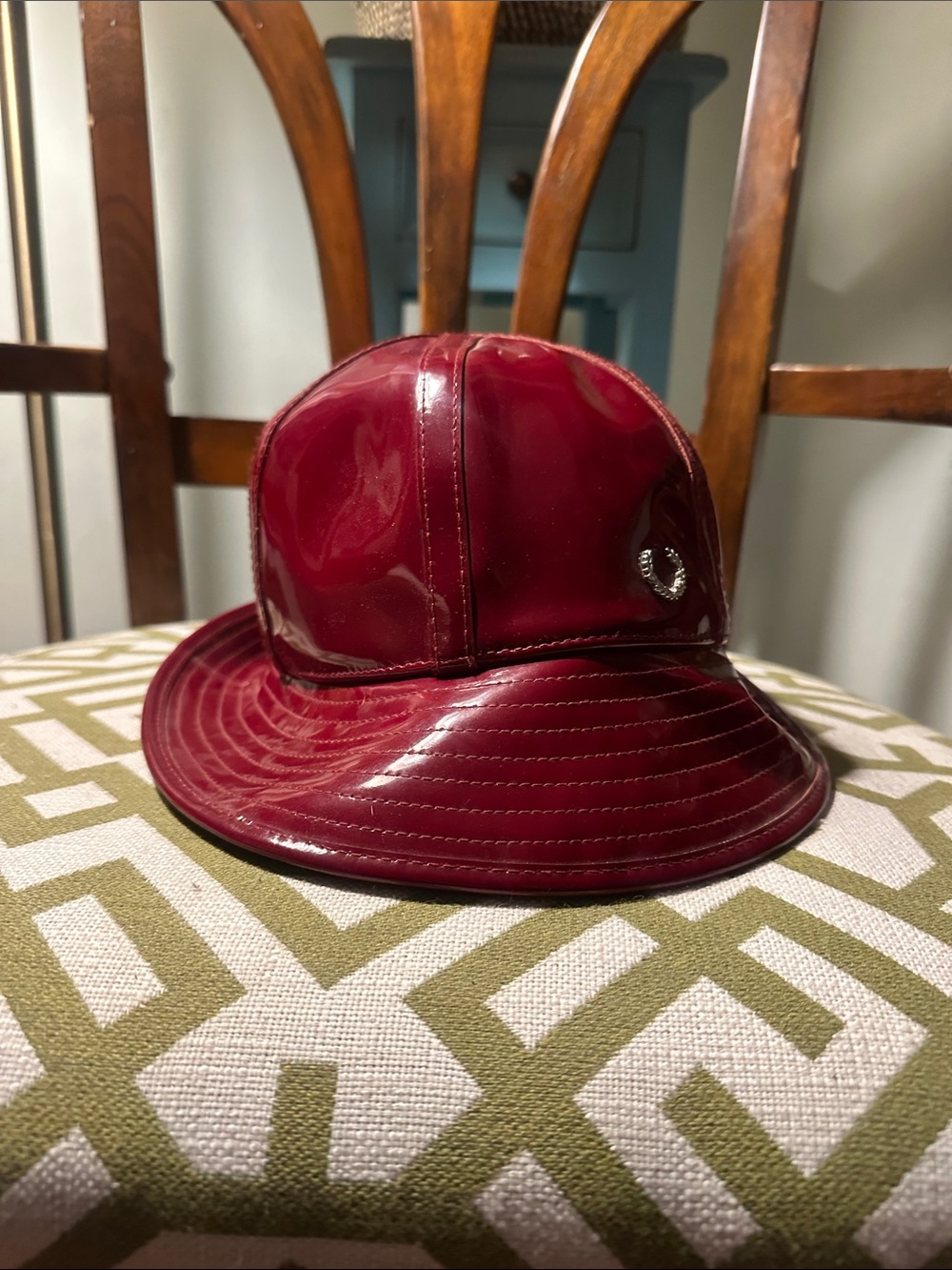 Fred Perry Burgundy Patent Leather Bucket Hat with Plaid Lining